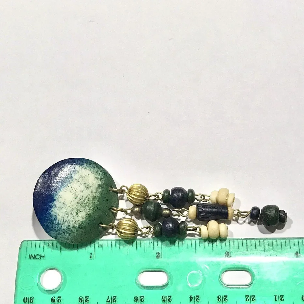 Vintage Boho Wood Beaded Resin Brooch Pin Gold Tone Blue Green Beige Artist Made